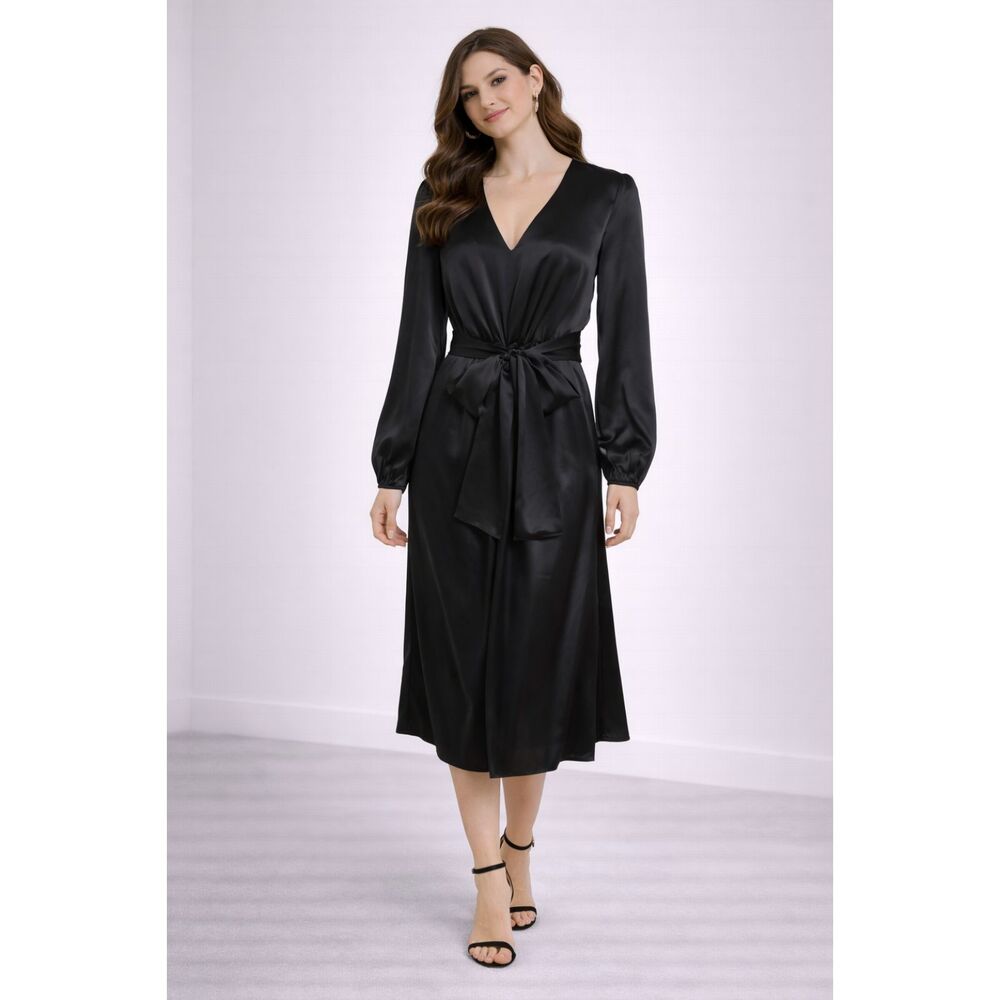 New 100% Mulberry Silk Taylor Tillman Faux Wrap Elegant Black Dress S